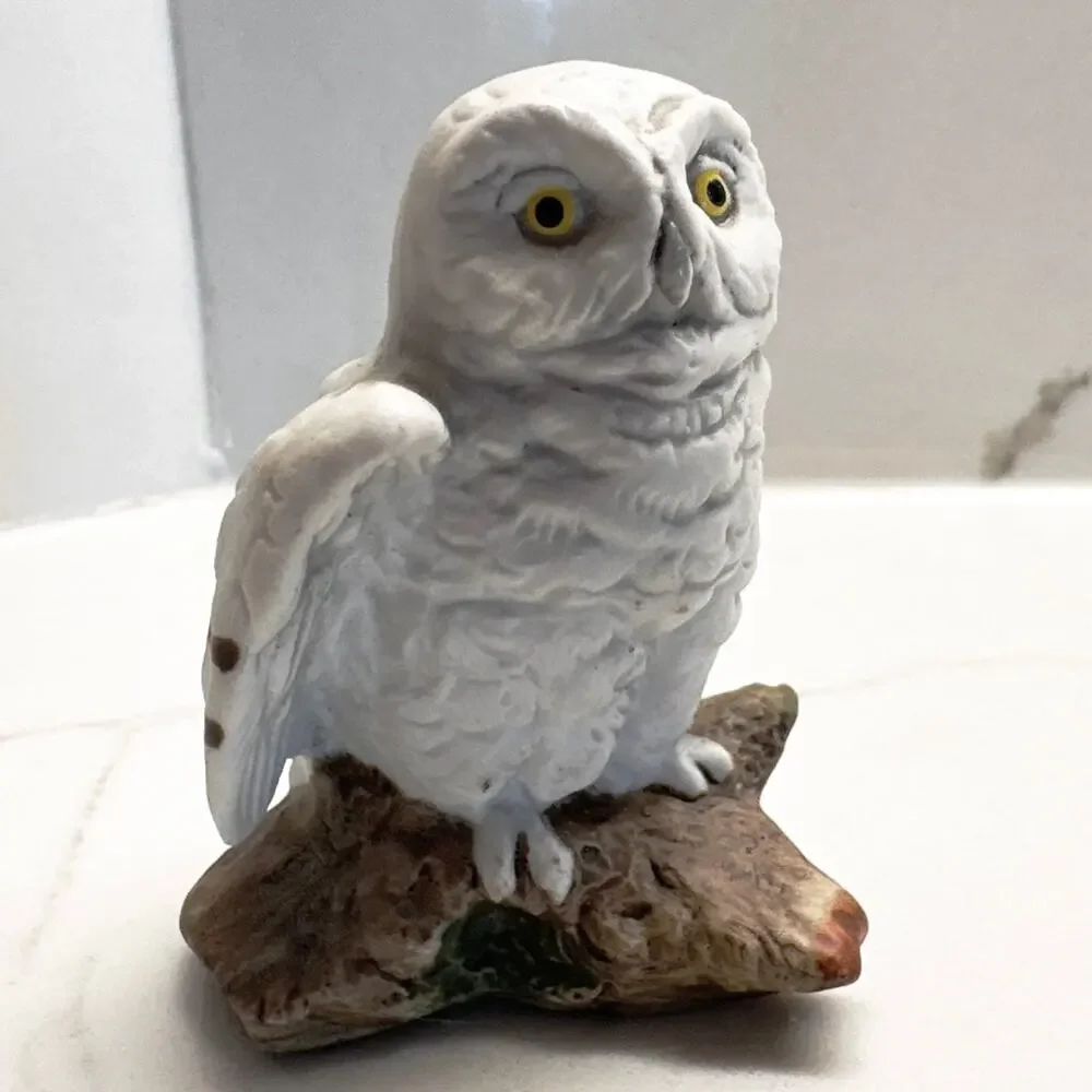 Vintage Napcoware Owl Ceramic Figurine White Snowy Owl Perched on a Branch 2.75